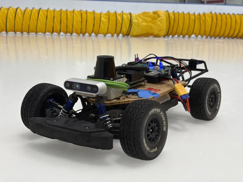The F1/10 racecar with LiDAR and depth camera on an ice rink